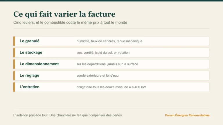 Cinq leviers listés, le granulé, le stockage, le dimensionnement, le réglage et l'entretien