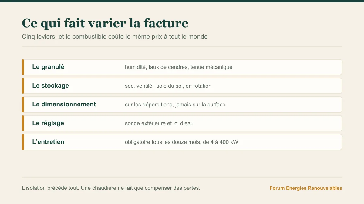 Cinq leviers listés, le granulé, le stockage, le dimensionnement, le réglage et l'entretien