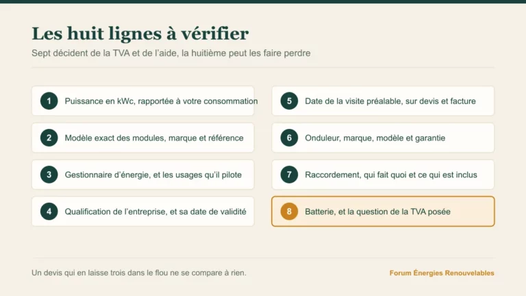 Huit lignes numérotées à vérifier sur un devis, la huitième, la batterie, mise en évidence